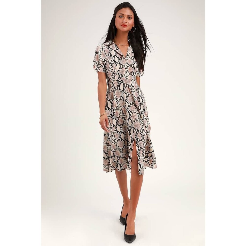 Lulus Let's Snake a Deal Snakeskin Print Collared Midi Dress Womens Large Beige
